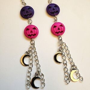 Handmade Pink Purple Pumpkin Moon Dangle Chain Earrings